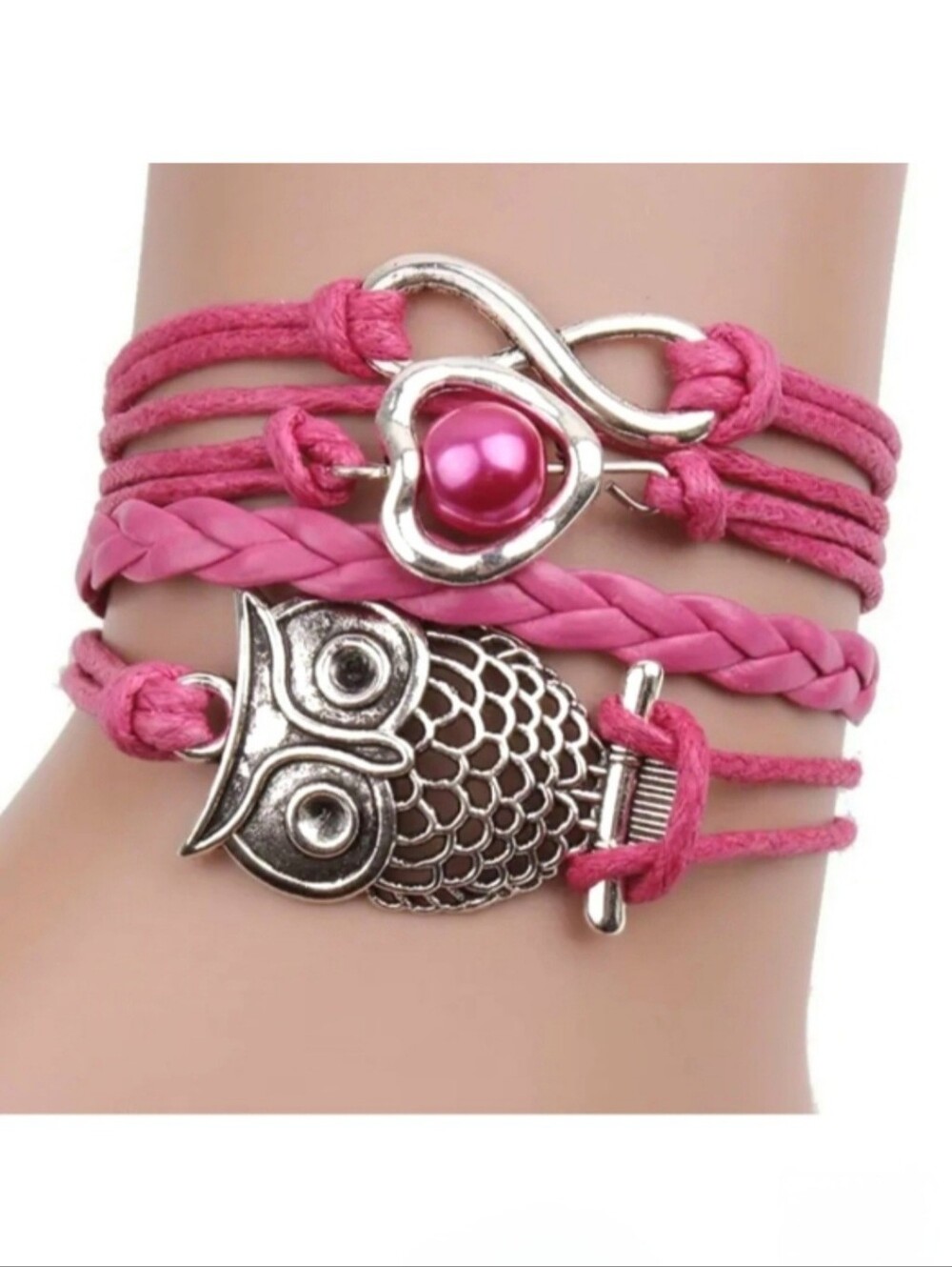 Pink Silver Owl Infinity Heart Pearl Layered Layering Tiered Rope Charm Bracelet